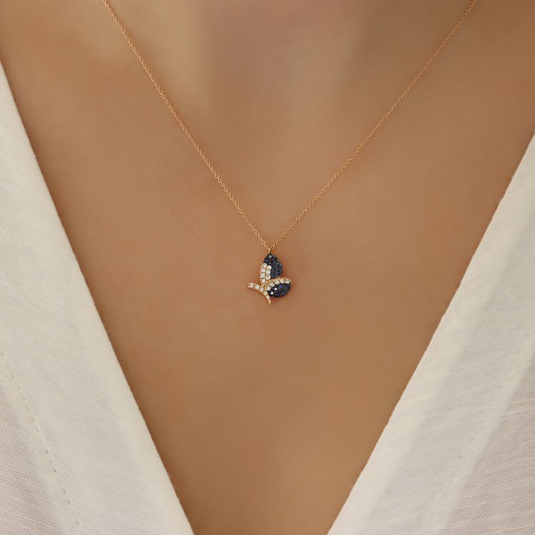 Koλιέ σε Ροζ Χρυσό 18Κ με Διαμάντια & Ζαφείρια