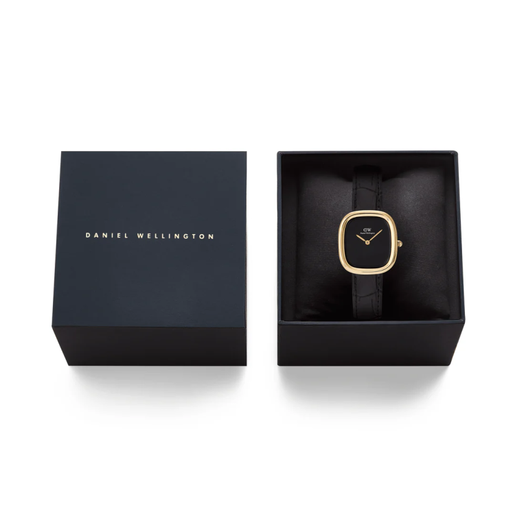 DANIEL WELLINGTON Margot Reading Onyx Ceramic Gold Black Leather Strap