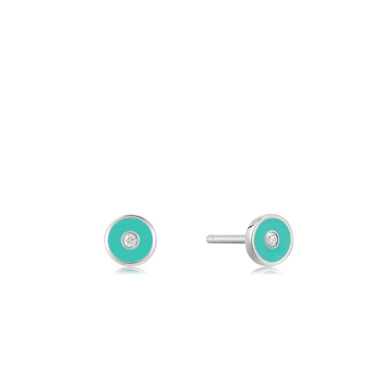 ANIA HAIE EARRINGS BRIGHT FUTURE Teal Enamel Disc Silver Stud