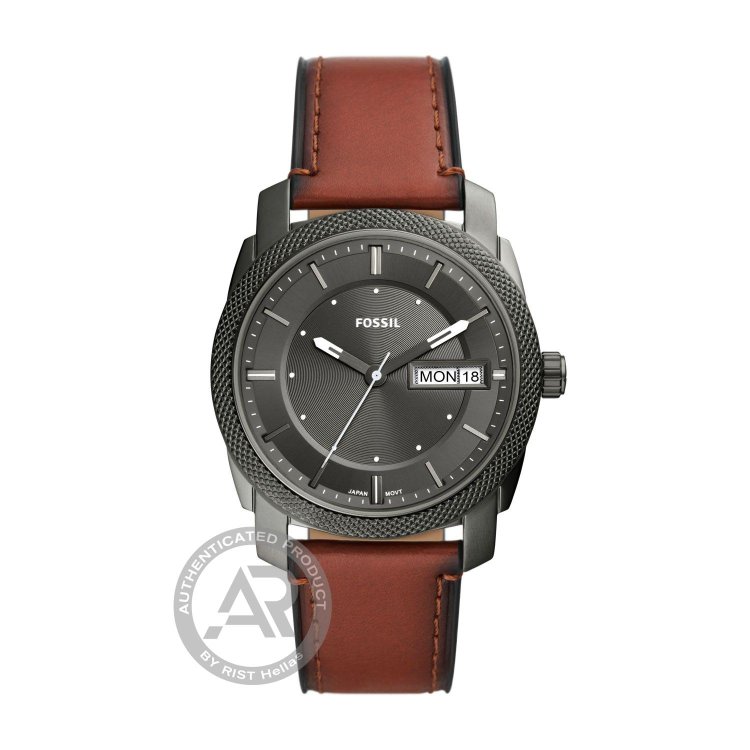 FOSSIL Machine Day-Date Brown Leather Strap