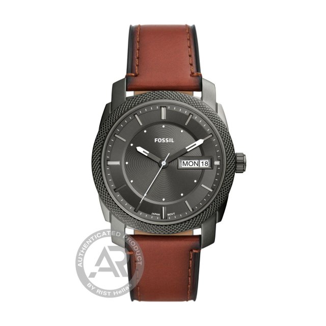 FOSSIL Machine Day-Date Brown Leather Strap