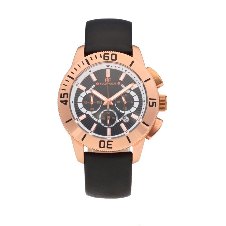 FOLLI FOLLIE Chronograph Rose Gold Black Leather Strap
