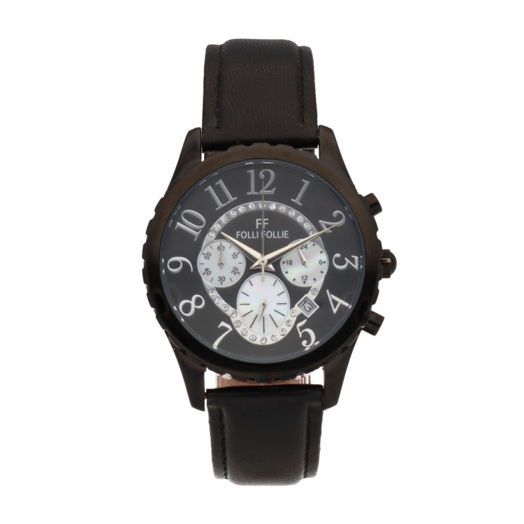 FOLLI FOLLIE Chronograph Crystals Black Stainless Steel Case Black Leather Strap