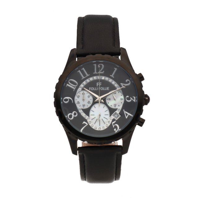 FOLLI FOLLIE Chronograph Crystals Black Stainless Steel Case Black Leather Strap