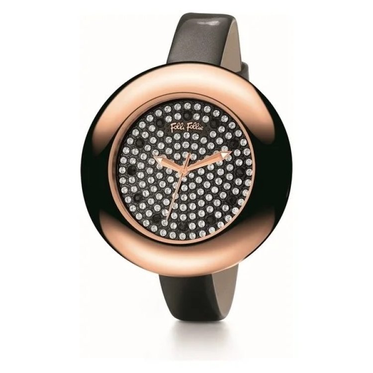 FOLLI FOLLIE Rose Gold Crystals Black Leather Strap