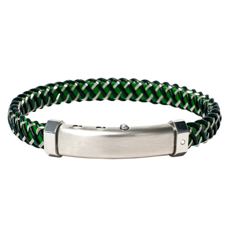 BORSARI Rally Montecarlo Green Leather & Stainless Steel Bracelet with Diamond