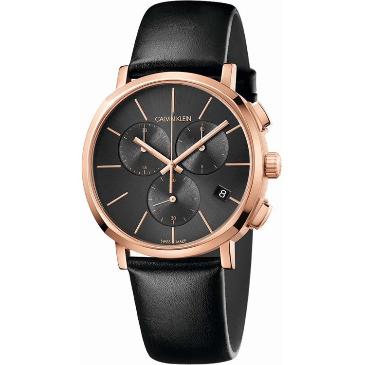 CALVIN KLEIN POSH Chrono Rose Gold Black Leather Strap