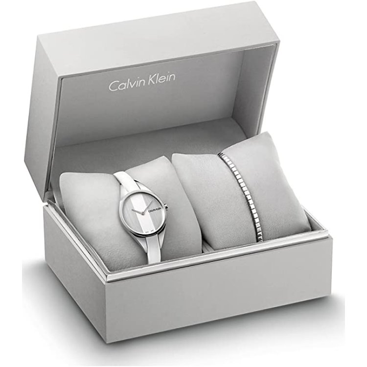 CALVIN KLEIN REBEL SET White Leather Strap Watch & Bracelet