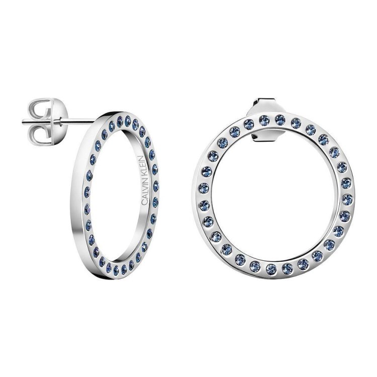 CALVIN KLEIN EARRINGS HOOK Stainless Steel Circles Blue Swarovski Crystals