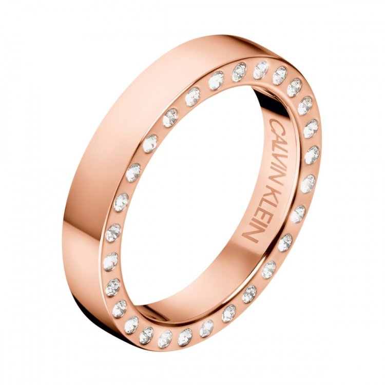 CALVIN KLEIN RING HOOK Rose Gold Stainless Steel Band White Swarovski Crystals