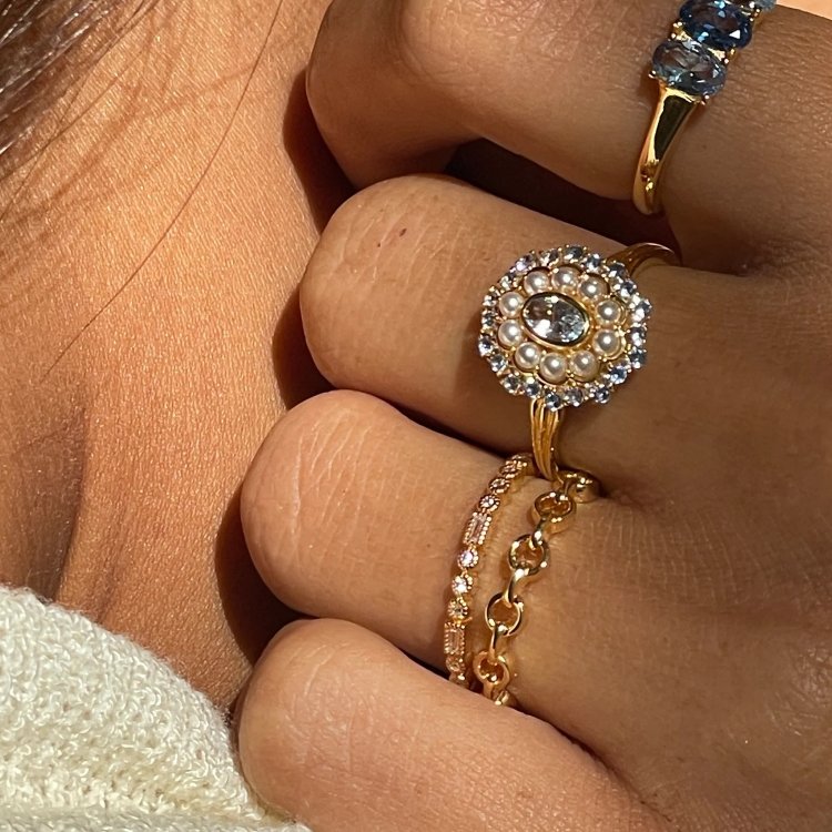 24KAE Ring with Colored Stones and Pearls