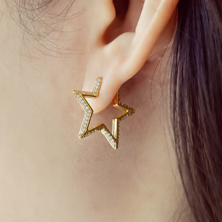 ANIA HAIE Gold Medium Star Pave Hoop Earrings