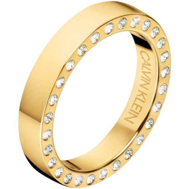 CALVIN KLEIN RING HOOK Yellow Gold Stainless Steel Band White Swarovski Crystals