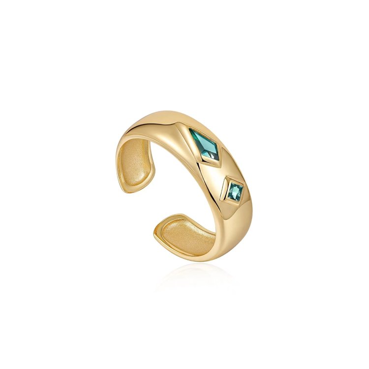 ANIA HAIE Gold Teal Sparkle Emblem Thick Band Ring