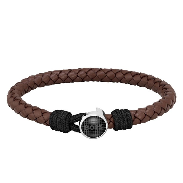 BOSS Brown Leather & Two Tone Stainless Steel Bracelet