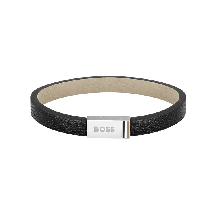 BOSS BRACELET Stainless Steel & Black Leather