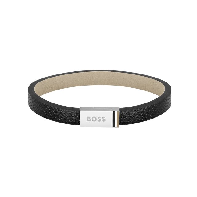 BOSS BRACELET Stainless Steel & Black Leather