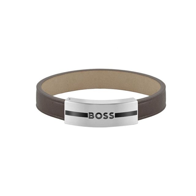 BOSS Brown Leather & Stainless Steel Bracelet