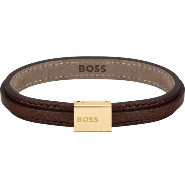 BOSS Brown Leather & Gold Stainless Steel Bracelet