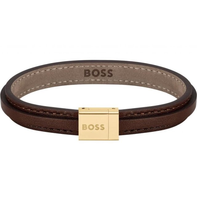 BOSS Brown Leather & Gold Stainless Steel Bracelet