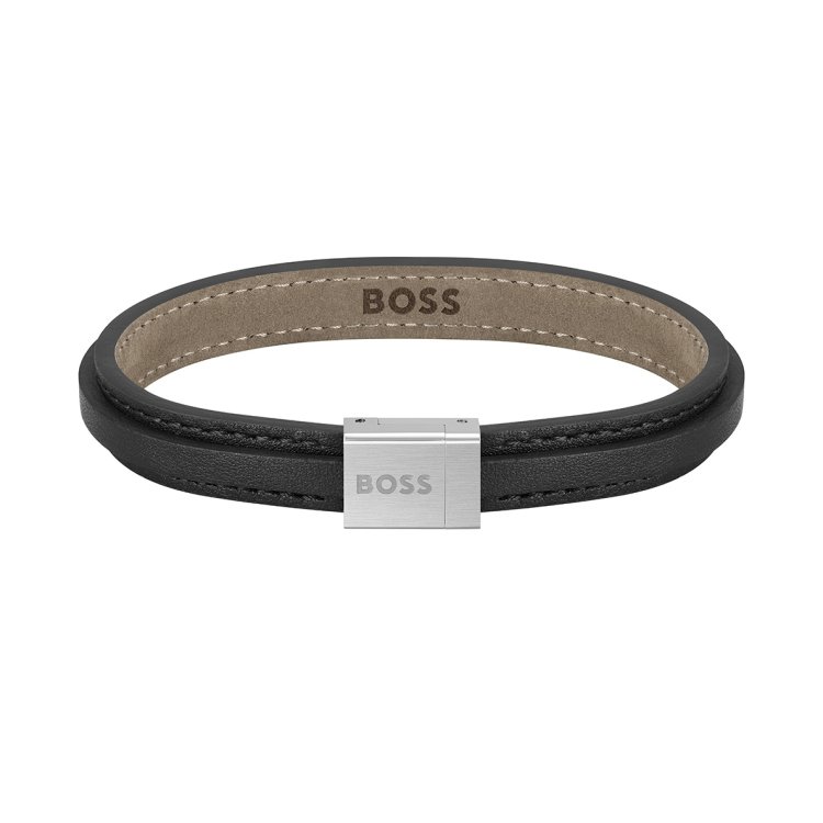 BOSS BRACELET Stainless Steel & Black Leather