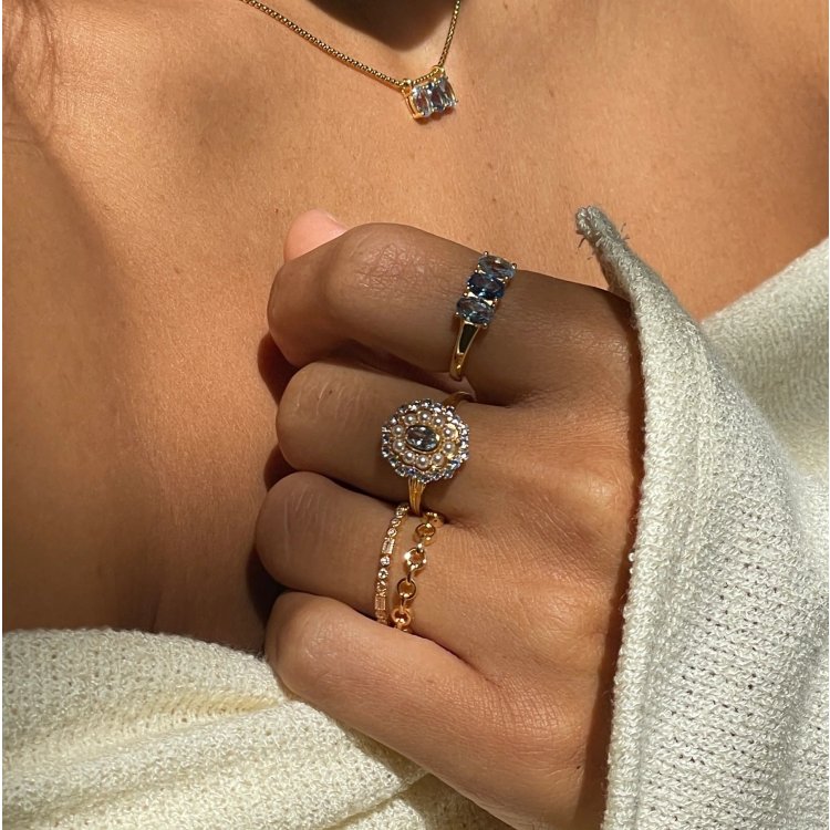 24KAE Ring with Colored Stones and Pearls