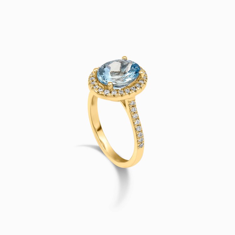 DIAMOND JOOLS Δαχτυλίδι Ροζέτα σε Kίτρινο Χρυσό 18Κ με Άκουαμαρινα & Διαμάντια