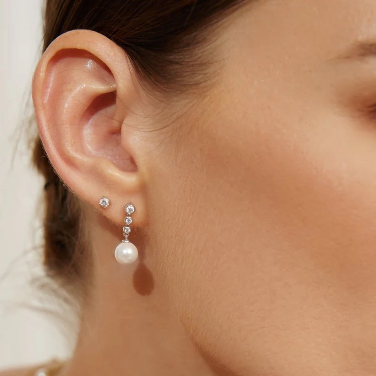 ANIA HAIE Silver Tennis Beaded Stone Shell Pearl Drop Stud Earrings