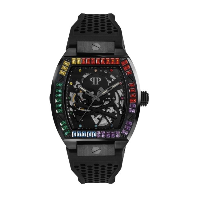 PHILIPP PLEIN The Skeleton Automatic Black Silicon Strap with Rainbow Crystals