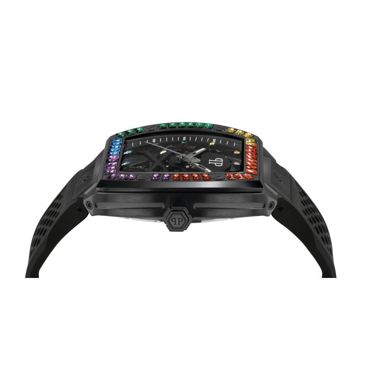 PHILIPP PLEIN The Skeleton Automatic Black Silicon Strap with Rainbow Crystals
