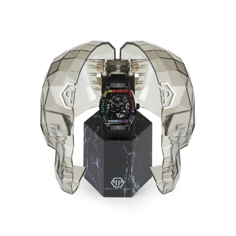 PHILIPP PLEIN The Skeleton Automatic Black Silicon Strap with Rainbow Crystals