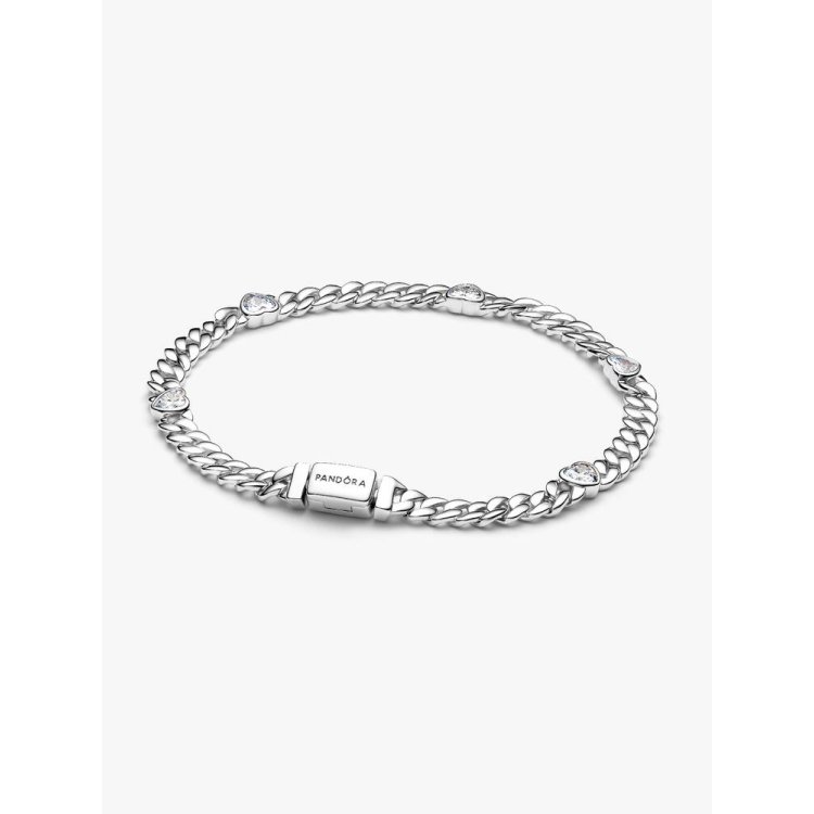 PANDORA TIMELESS Βραχιόλι με Xοντρή Aλυσίδα και Πέτρες σε Σχήμα Καρδιάς