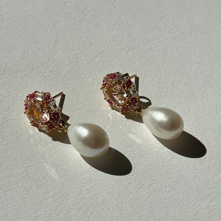 24KAE Earrings with Colored Stones and Pearl