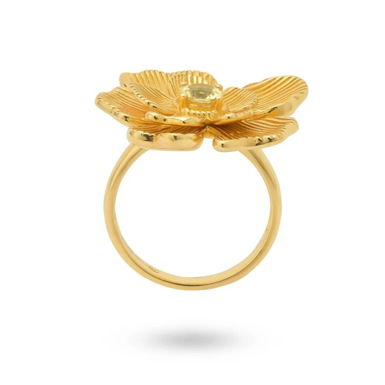 24KAE Flowershaped Statement Ring with Green Stone