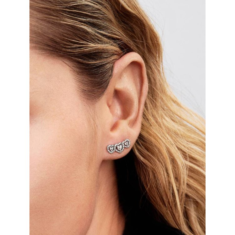 PANDORA ΤΙΜΕLESS Κουμπωτά Σκουλαρίκια με Τρεις Καρδιές και Στεφάνι με Πέτρες