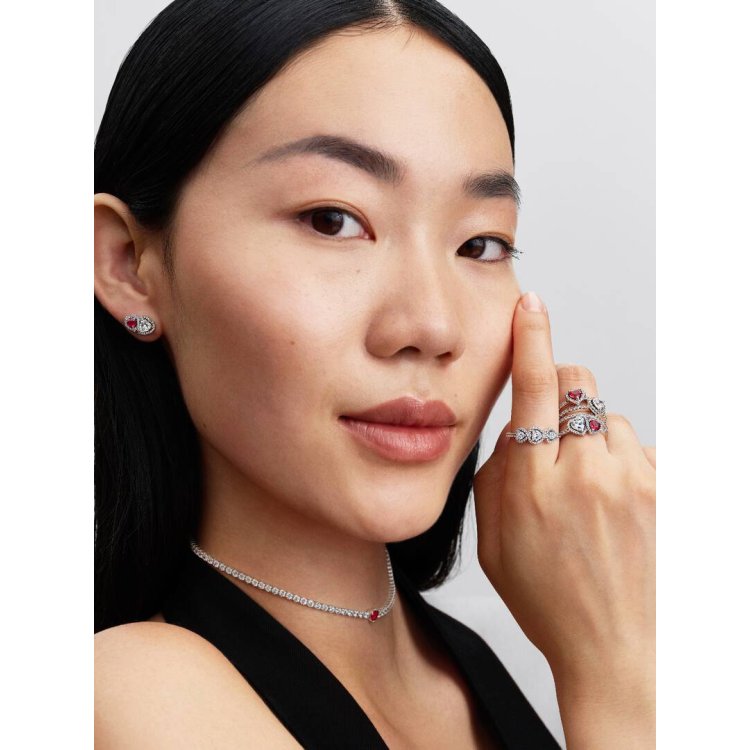 PANDORA TIMELESS Δαχτυλίδι με Tρεις Πέτρες σε Σχήμα Καρδιάς και Στεφάνι με Πέτρες Pave