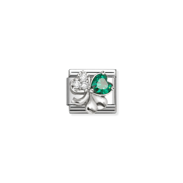 NOMINATION COMPOSABLE CLASSIC LINK CLOVER WITH WHITE & GREEN CZ IN SILVER