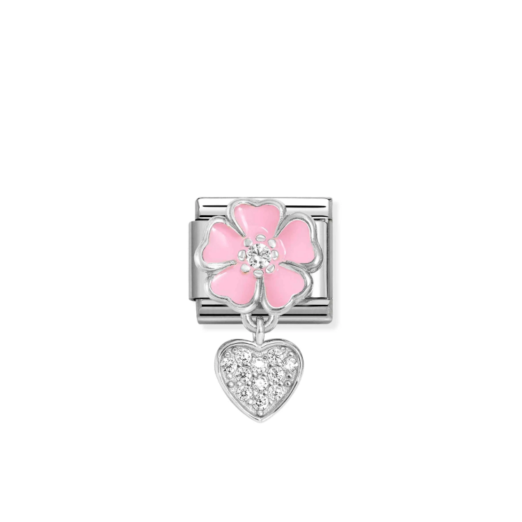 NOMINATION COMPOSABLE CLASSIC LINK PINK FLOWER AND HEART CZ CHARM IN 925 SILVER