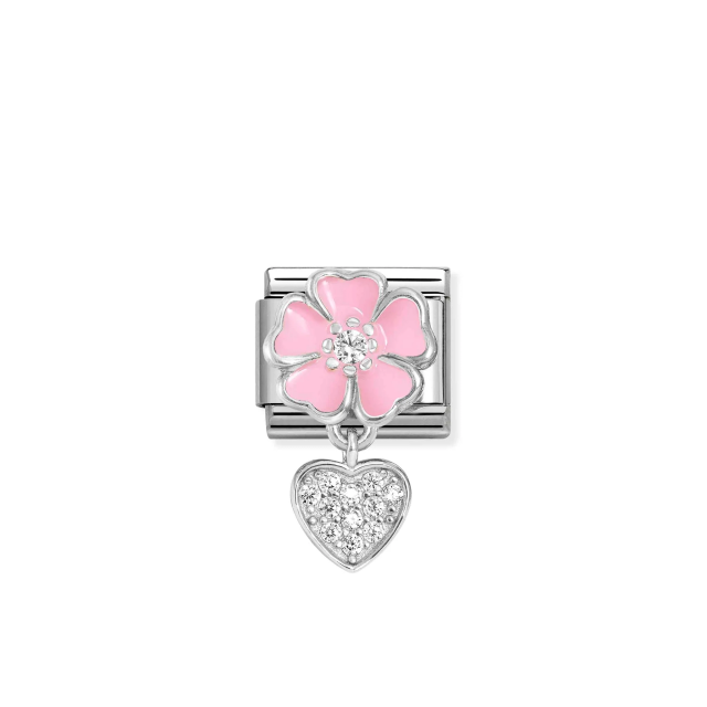 NOMINATION COMPOSABLE CLASSIC LINK PINK FLOWER AND HEART CZ CHARM IN 925 SILVER