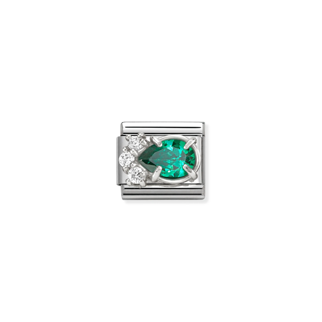 NOMINATION COMPOSABLE CLASSIC LINK WHITE & GREEN CZ TEARDROP IN SILVER