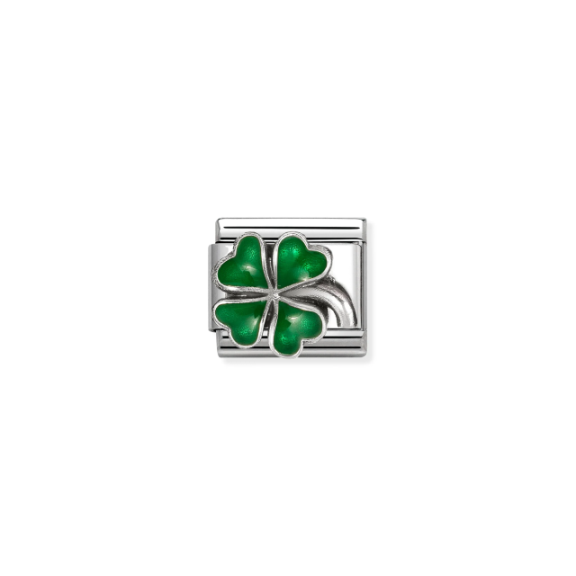 NOMINATION COMPOSABLE CLASSIC LINK GREEN FOUR LEAF CLOVER IN SILVER AND ENAMEL