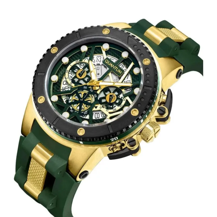 QUANTUM HUNTER with Gold Stainless Steel Bracelet & Green Rubber Strap