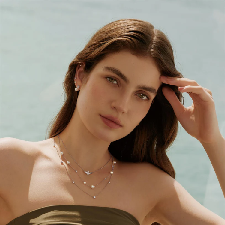 ANIA HAIE Silver Asymmetric Shell Pearl Station Necklace