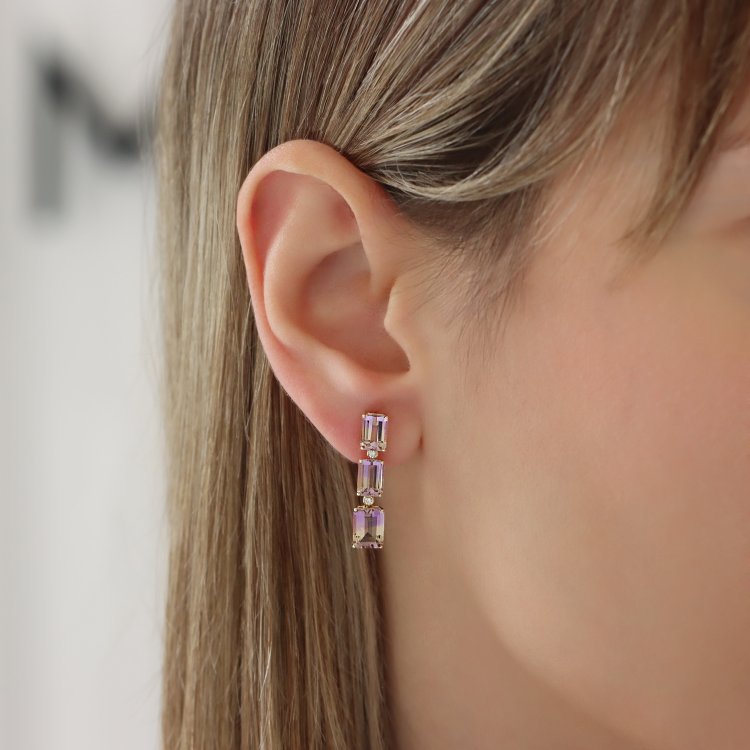 Σκουλαρίκια σε Κίτρινο Χρυσό 18Κ με Αμετρίνη & Διαμάντια