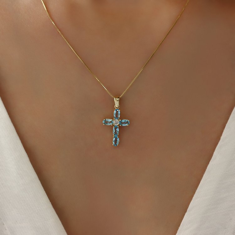 Σταυρός σε Κίτρινο Χρυσό 14Κ με Τοπάζ & Ζιργκόν