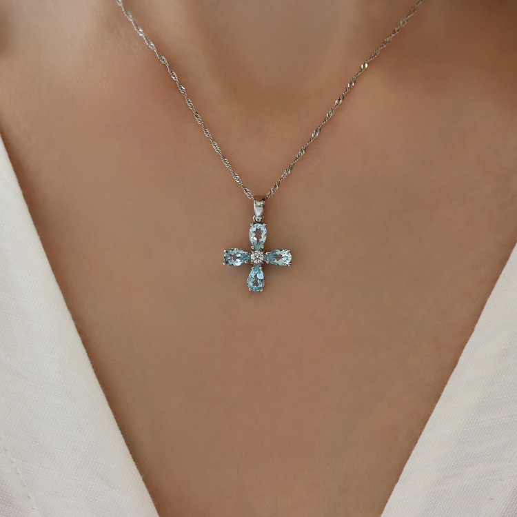 Σταυρός σε Λευκό Χρυσό 14Κ με Τοπάζ & Ζιργκόν