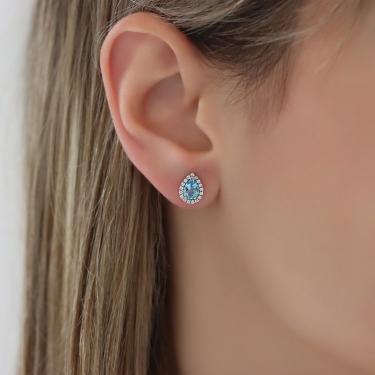 Σκουλαρίκια Ροζέτα σε Λευκό Χρυσό 14Κ με Τοπάζ & Ζιργκόν