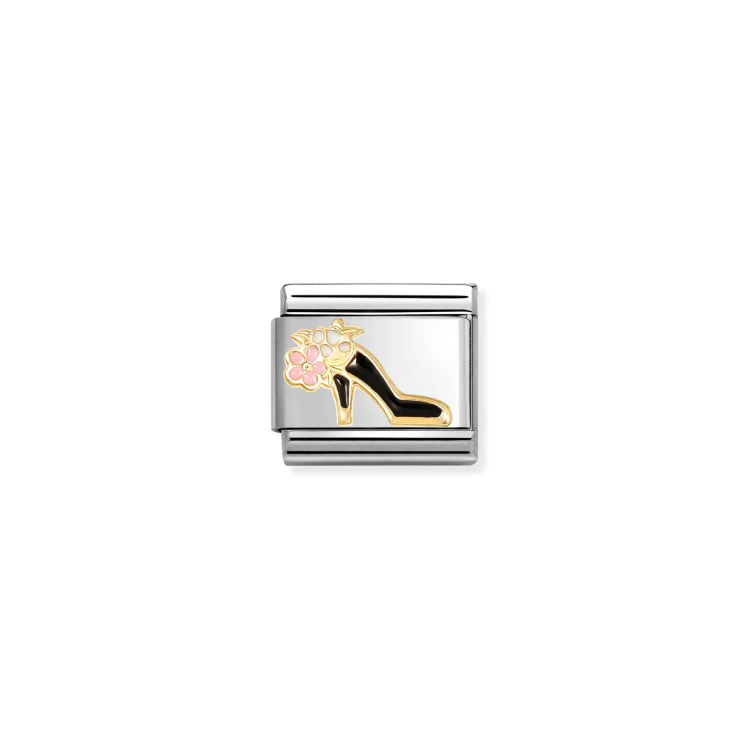 NOMINATION COMPOSABLE CLASSIC LINK HIGH HEEL SHOE BLACK IN 18K GOLD & ENAMEL