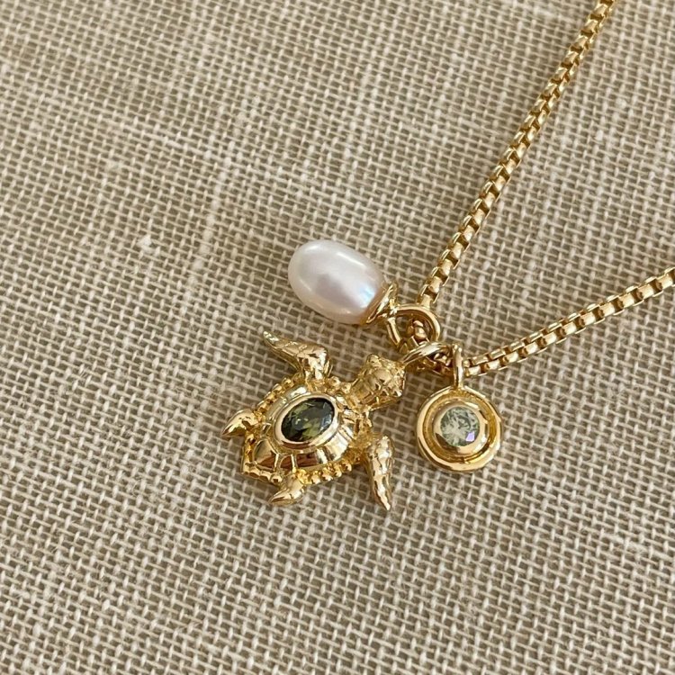 24KAE Necklace with Turtle and Sweetwater Pearl