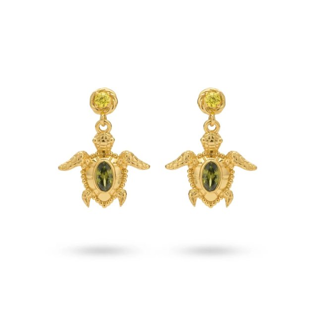 24KAE Earrings with Turtle and Green Stones